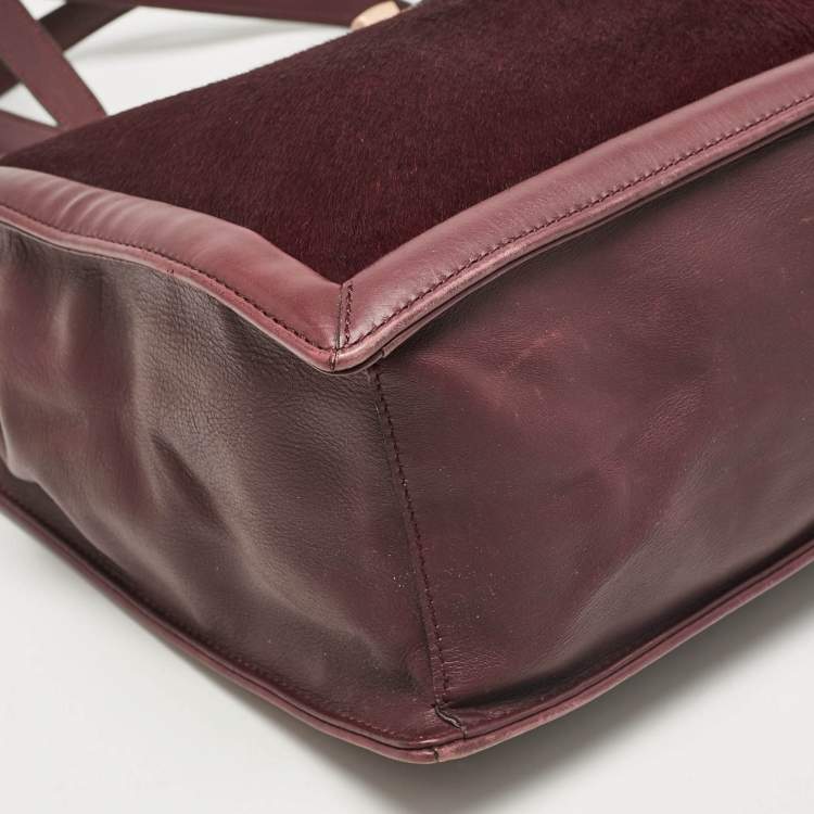 Pre Owned Salvatore Ferragamo Burgundy Calfhair and Leather Gancini Flap Tote