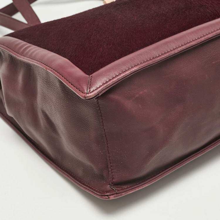Pre Owned Salvatore Ferragamo Burgundy Calfhair and Leather Gancini Flap Tote