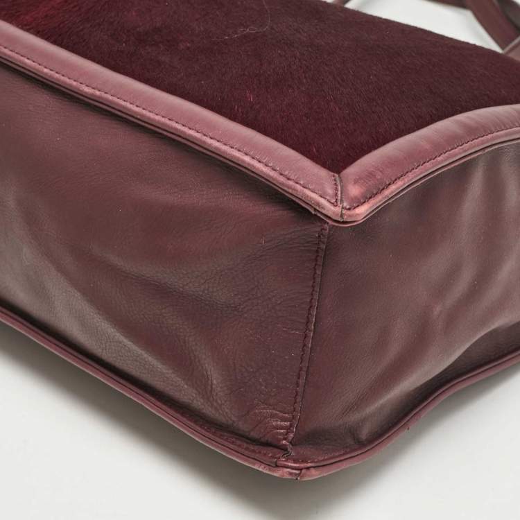 Pre Owned Salvatore Ferragamo Burgundy Calfhair and Leather Gancini Flap Tote