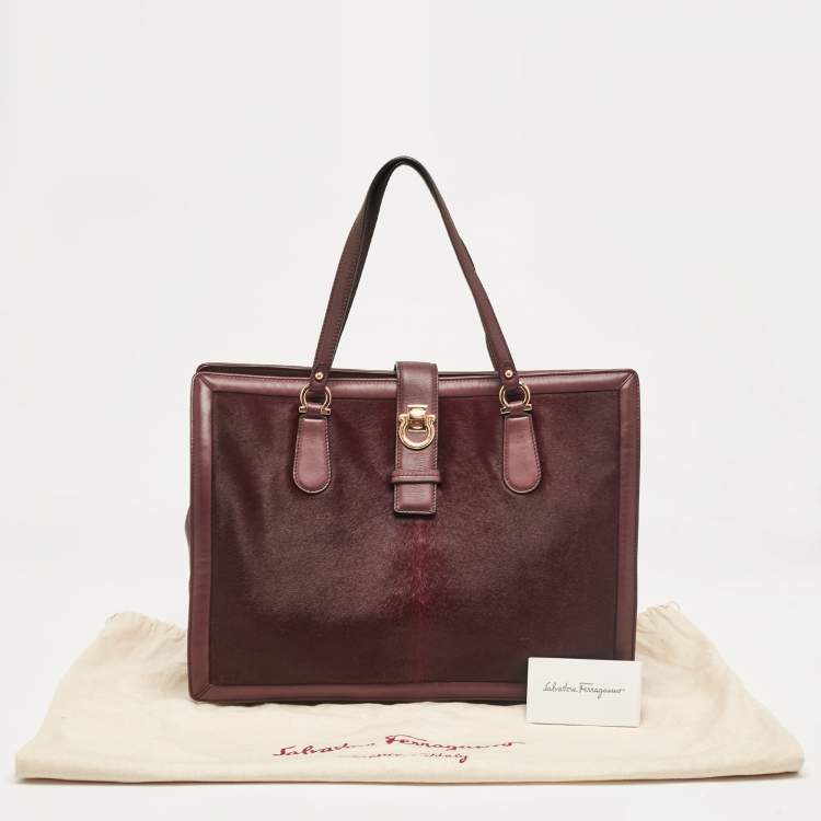 Pre Owned Salvatore Ferragamo Burgundy Calfhair and Leather Gancini Flap Tote
