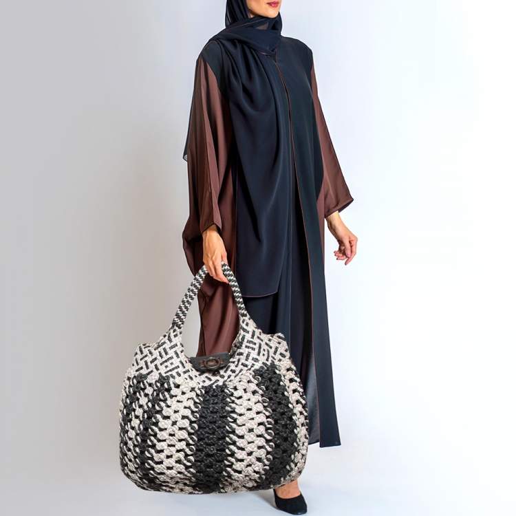 Pre Owned Salvatore Ferragamo Silver/Black Crochet Leather Oversized Bag
