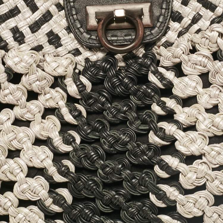 Pre Owned Salvatore Ferragamo Silver/Black Crochet Leather Oversized Bag