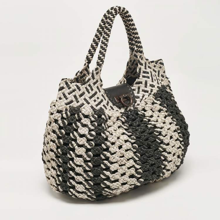 Pre Owned Salvatore Ferragamo Silver/Black Crochet Leather Oversized Bag