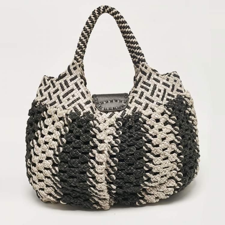 Pre Owned Salvatore Ferragamo Silver/Black Crochet Leather Oversized Bag