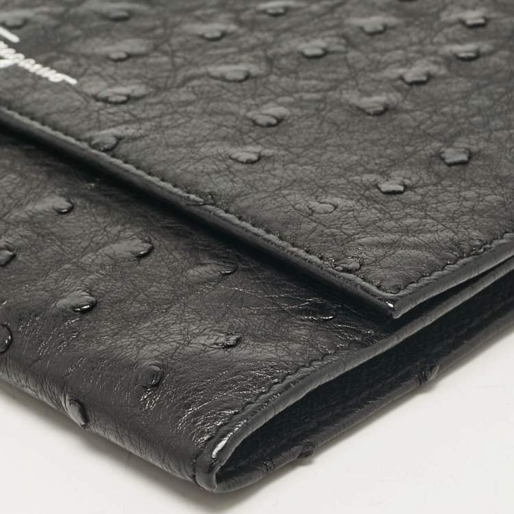 Pre Owned Salvatore Ferragamo Black Ostrich Leather Flap Slim Clutch