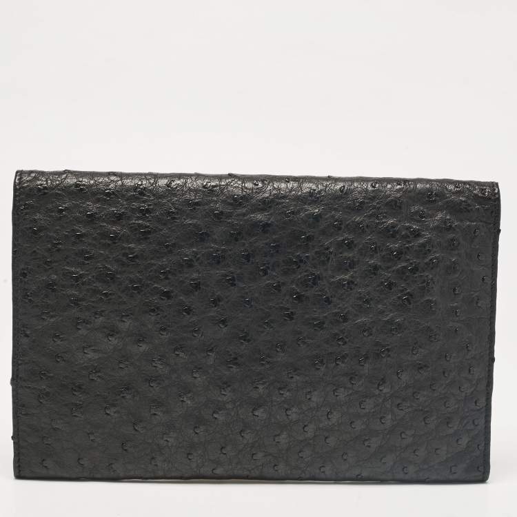 Pre Owned Salvatore Ferragamo Black Ostrich Leather Flap Slim Clutch