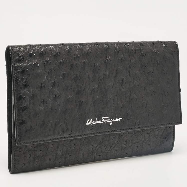 Pre Owned Salvatore Ferragamo Black Ostrich Leather Flap Slim Clutch