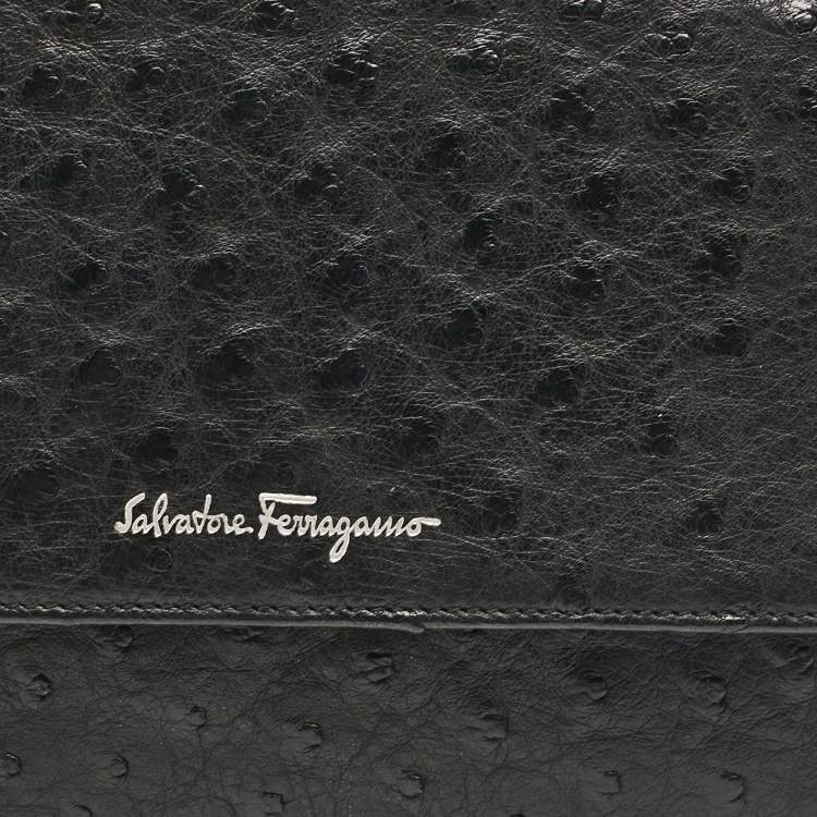 Pre Owned Salvatore Ferragamo Black Ostrich Leather Flap Slim Clutch