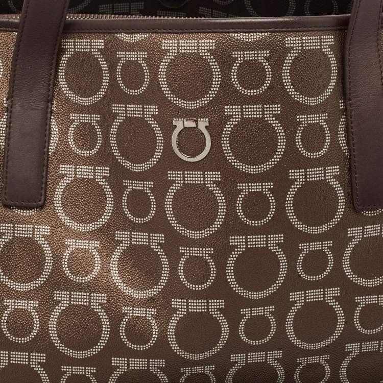 Pre Owned Salvatore Ferragamo Brown/Silver Gancini Printed Coated Canvas and Leather Zip Tote