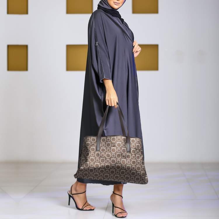 Pre Owned Salvatore Ferragamo Brown/Silver Gancini Printed Coated Canvas and Leather Zip Tote