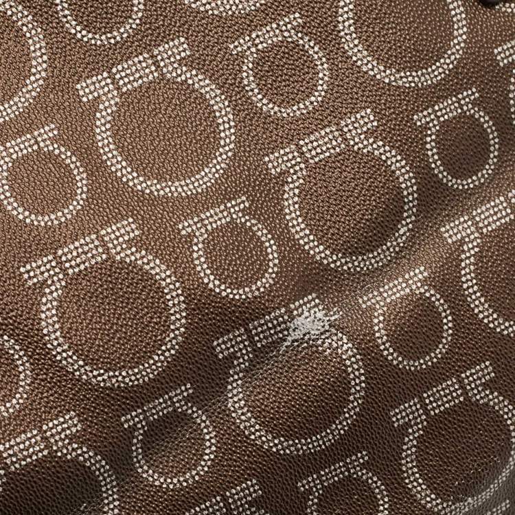 Pre Owned Salvatore Ferragamo Brown/Silver Gancini Printed Coated Canvas and Leather Zip Tote
