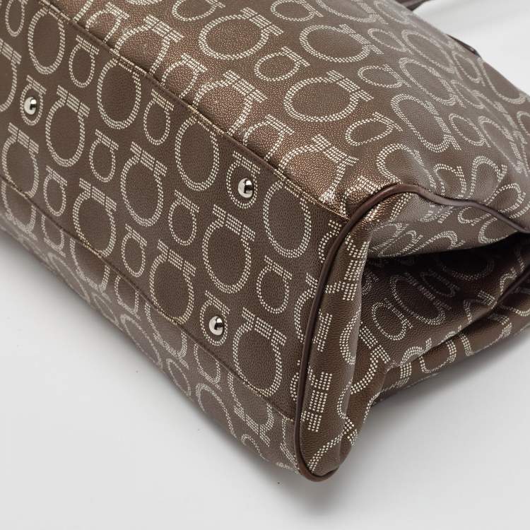 Pre Owned Salvatore Ferragamo Brown/Silver Gancini Printed Coated Canvas and Leather Zip Tote