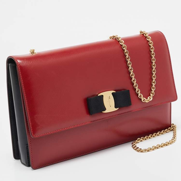 Pre Owned Salvatore Ferragamo Red/Black Leather Miss Vara Chain Shoulder Bag