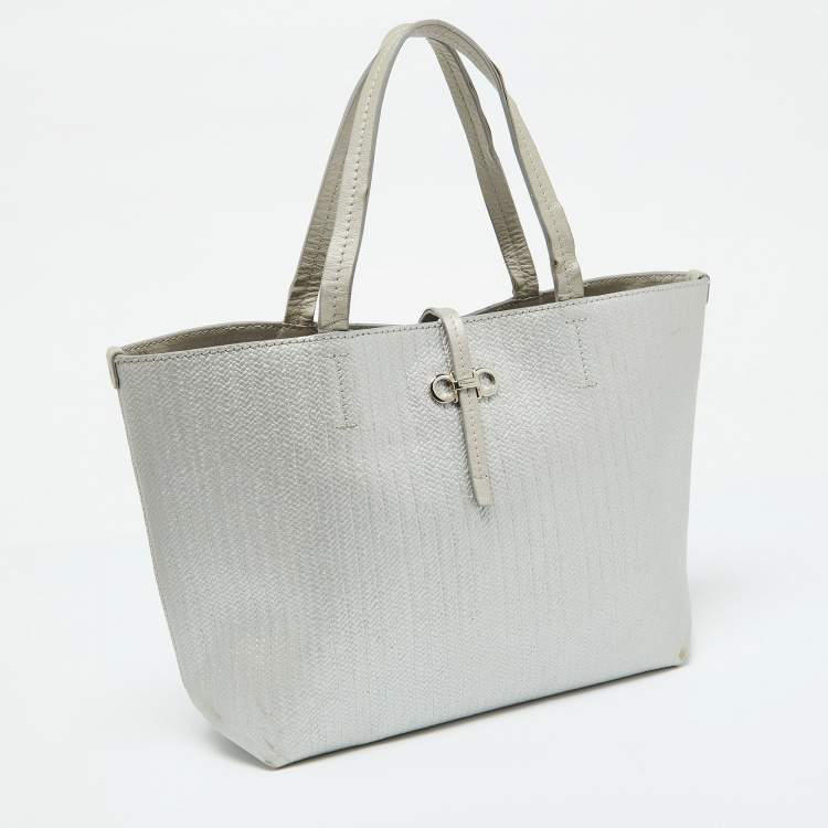 Pre Owned Salvatore Ferragamo Light Grey Embossed Leather Bice Tote