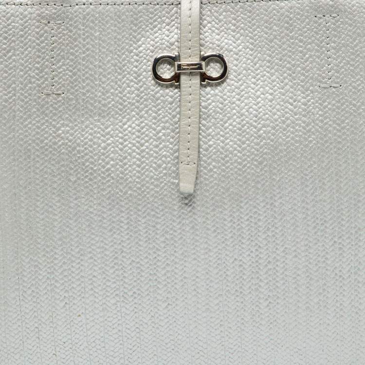 Pre Owned Salvatore Ferragamo Light Grey Embossed Leather Bice Tote