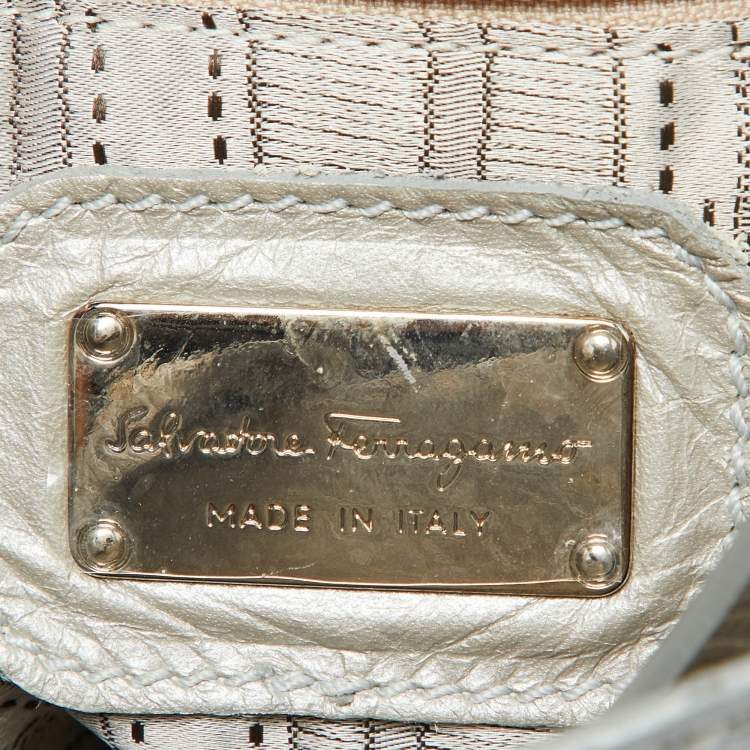 Pre Owned Salvatore Ferragamo Light Grey Embossed Leather Bice Tote