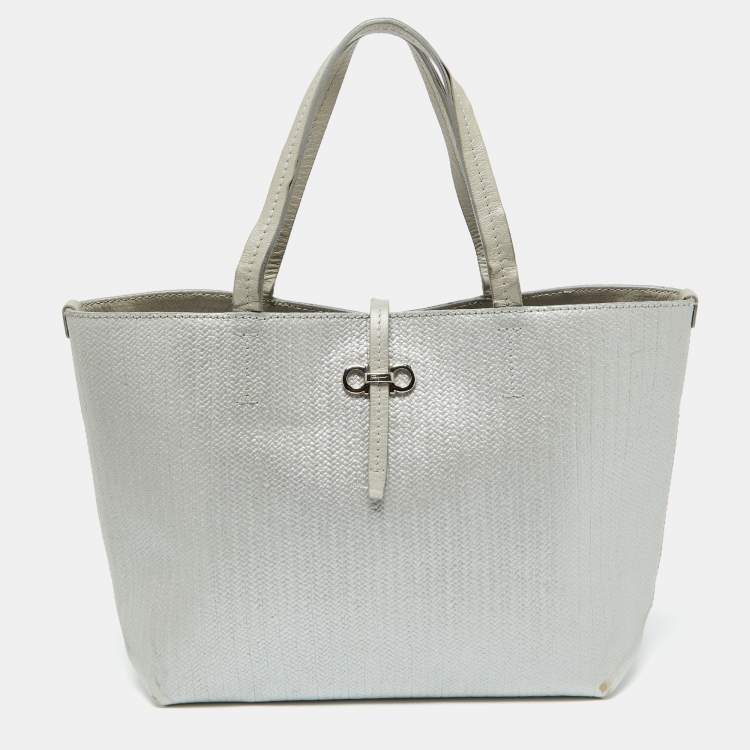 Pre Owned Salvatore Ferragamo Light Grey Embossed Leather Bice Tote