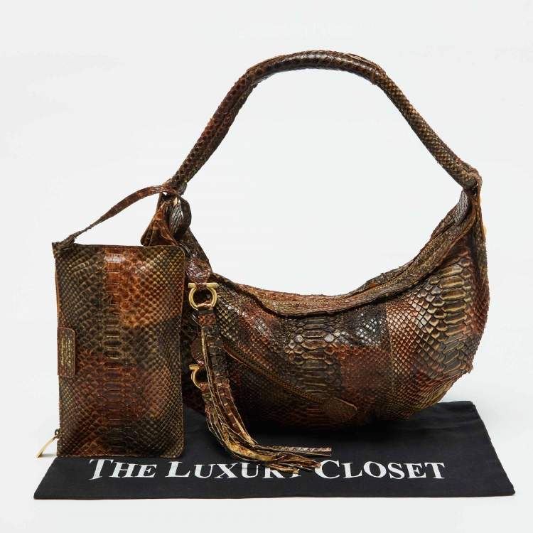 Pre Owned Salvatore Ferragamo Brown Python Leather Hobo