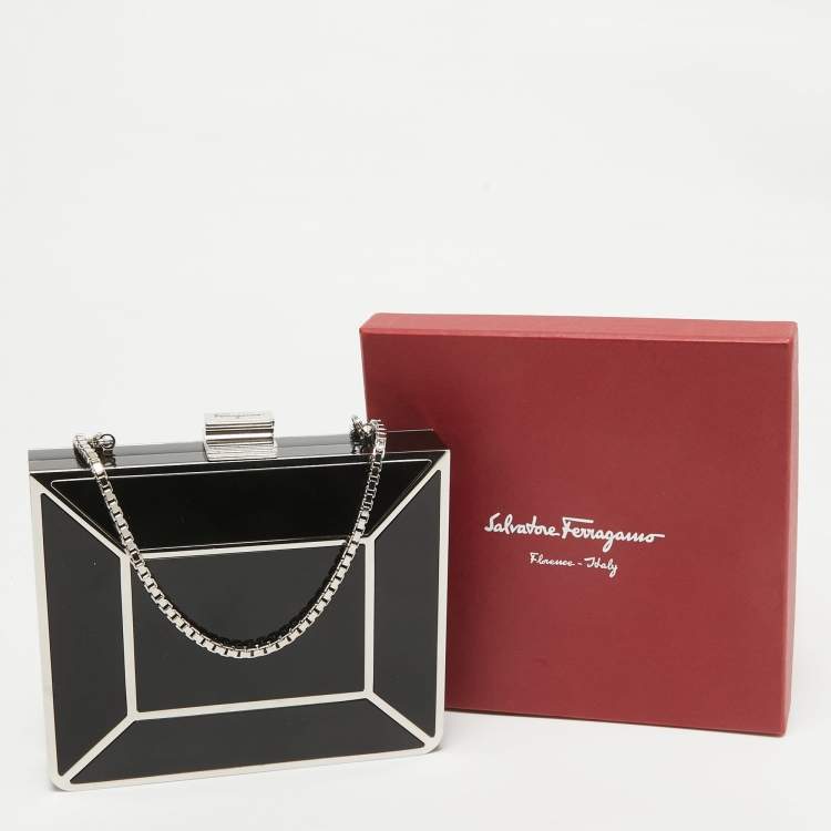 Pre Owned Salvatore Ferragamo Black Metal Plexiglass Dolly Box Clutch