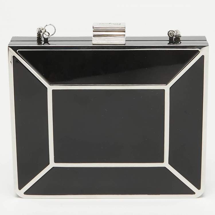 Pre Owned Salvatore Ferragamo Black Metal Plexiglass Dolly Box Clutch