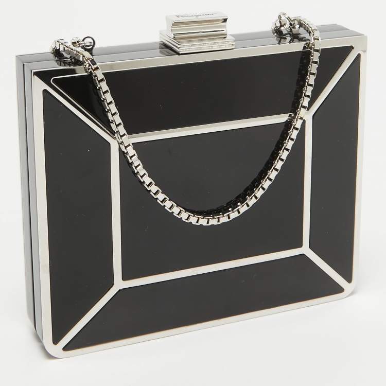 Pre Owned Salvatore Ferragamo Black Metal Plexiglass Dolly Box Clutch