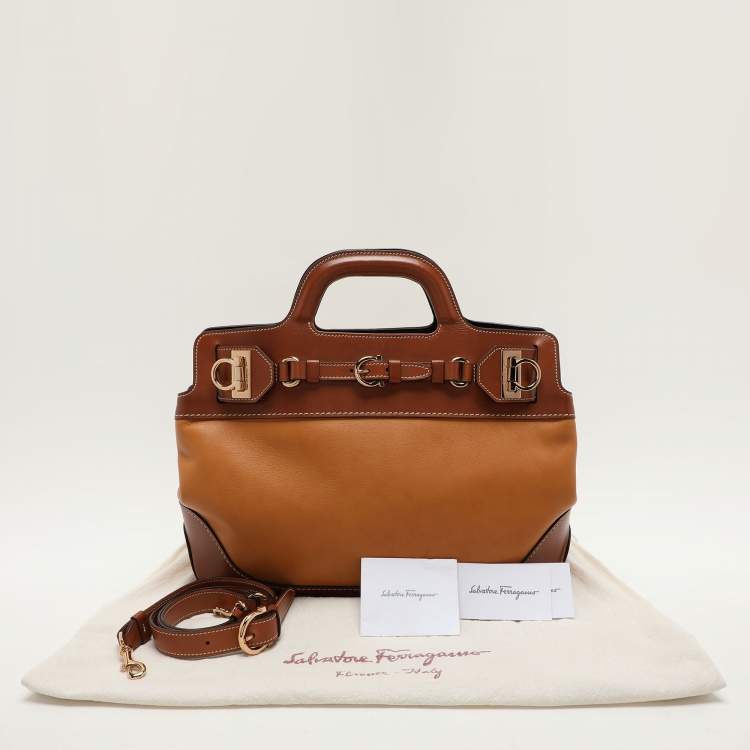 Pre Owned Salvatore Ferragamo Brown Two Tone Leather W Satchel