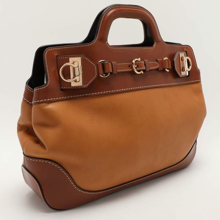 Pre Owned Salvatore Ferragamo Brown Two Tone Leather W Satchel