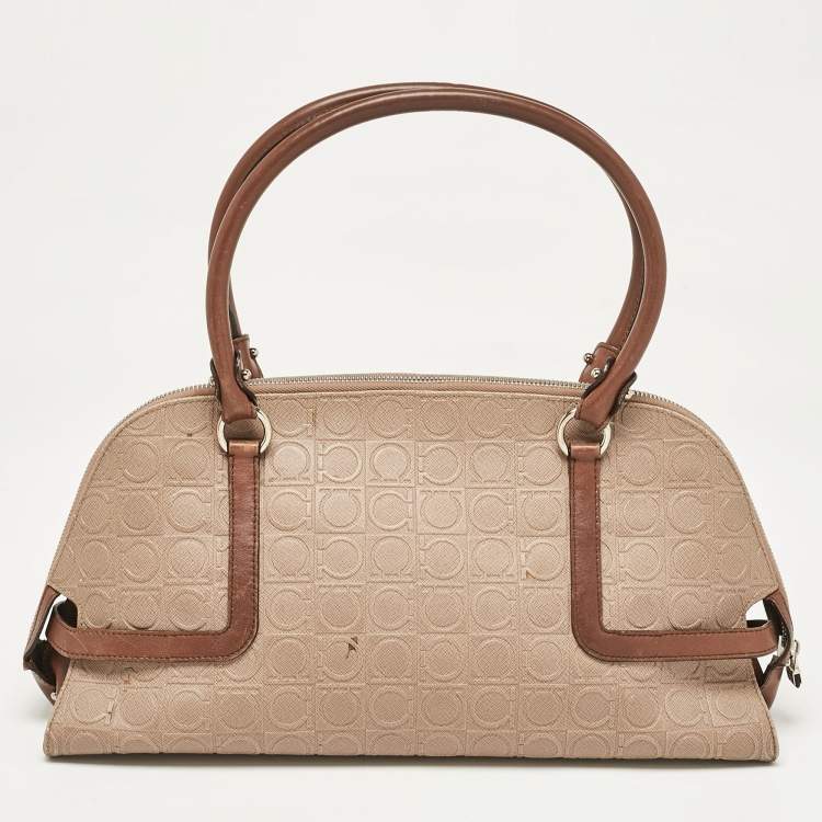 Pre Owned Salvatore Ferragamo Beige/Brown Gancini Embossed Leather Zip Satchel