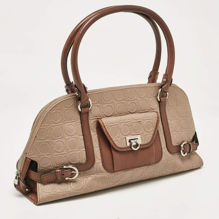 Pre Owned Salvatore Ferragamo Beige/Brown Gancini Embossed Leather Zip Satchel