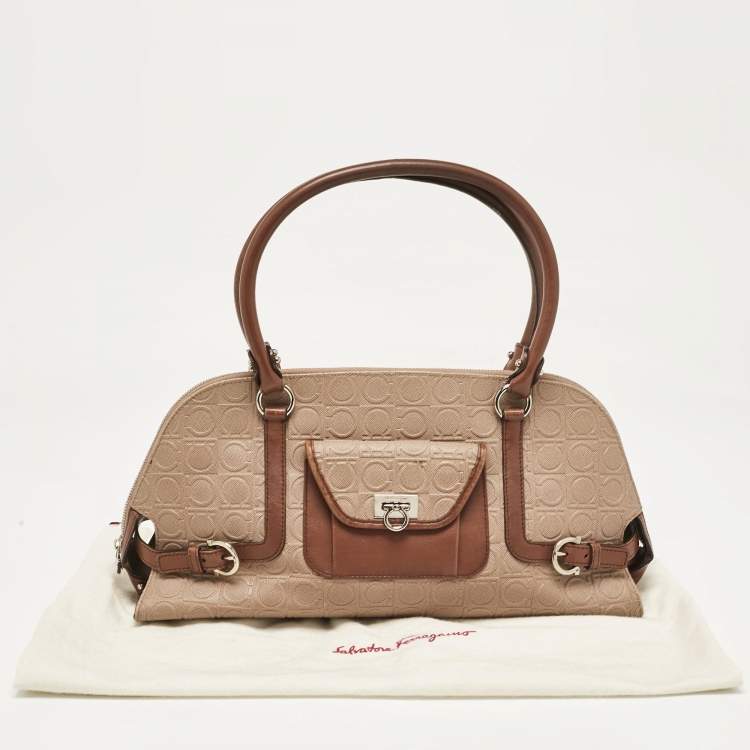 Pre Owned Salvatore Ferragamo Beige/Brown Gancini Embossed Leather Zip Satchel