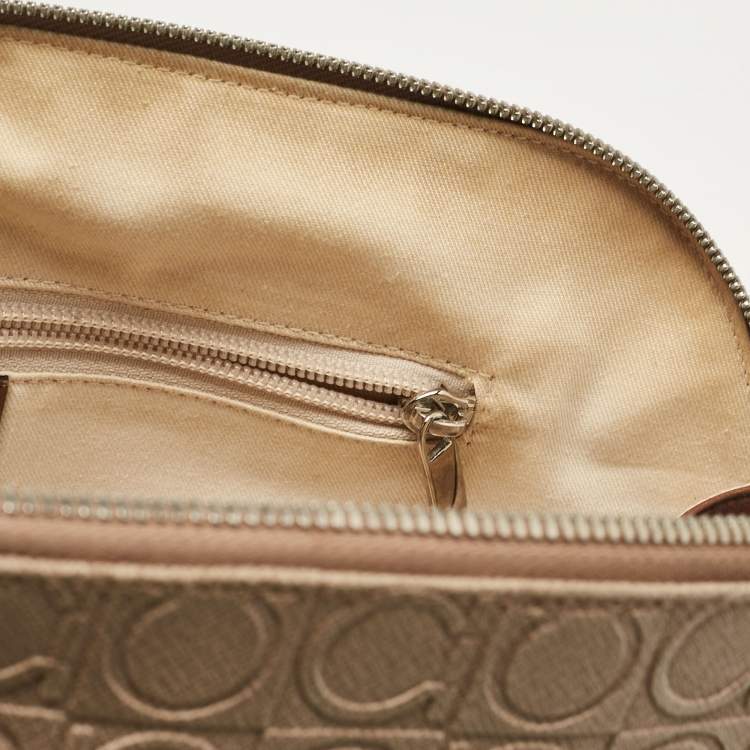 Pre Owned Salvatore Ferragamo Beige/Brown Gancini Embossed Leather Zip Satchel