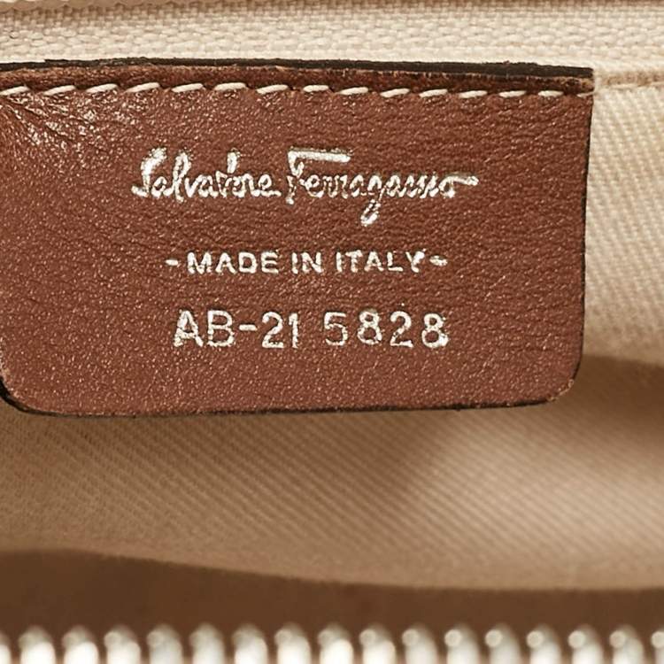 Pre Owned Salvatore Ferragamo Beige/Brown Gancini Embossed Leather Zip Satchel