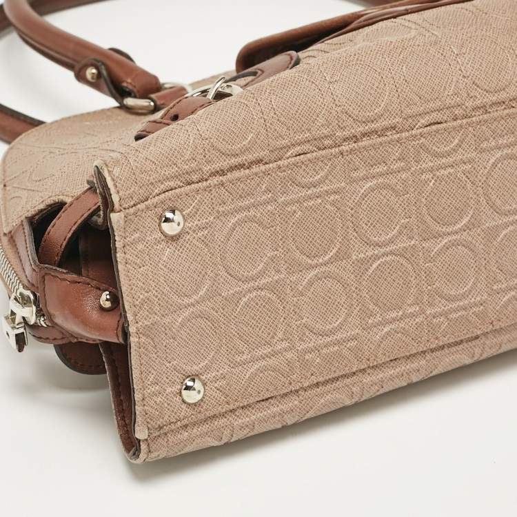 Pre Owned Salvatore Ferragamo Beige/Brown Gancini Embossed Leather Zip Satchel