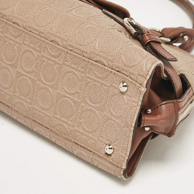 Pre Owned Salvatore Ferragamo Beige/Brown Gancini Embossed Leather Zip Satchel