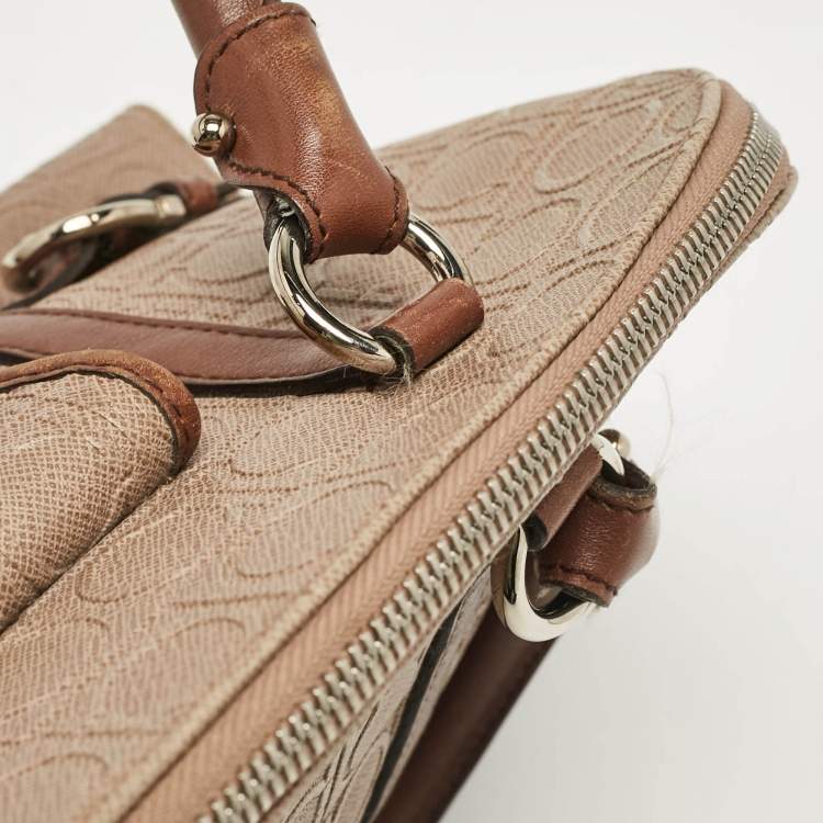 Pre Owned Salvatore Ferragamo Beige/Brown Gancini Embossed Leather Zip Satchel