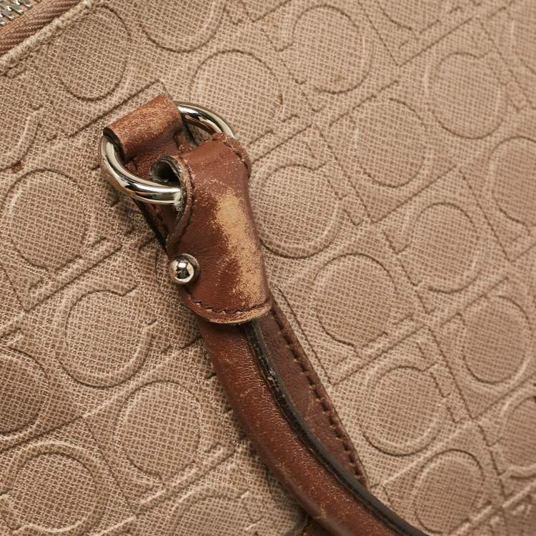 Pre Owned Salvatore Ferragamo Beige/Brown Gancini Embossed Leather Zip Satchel