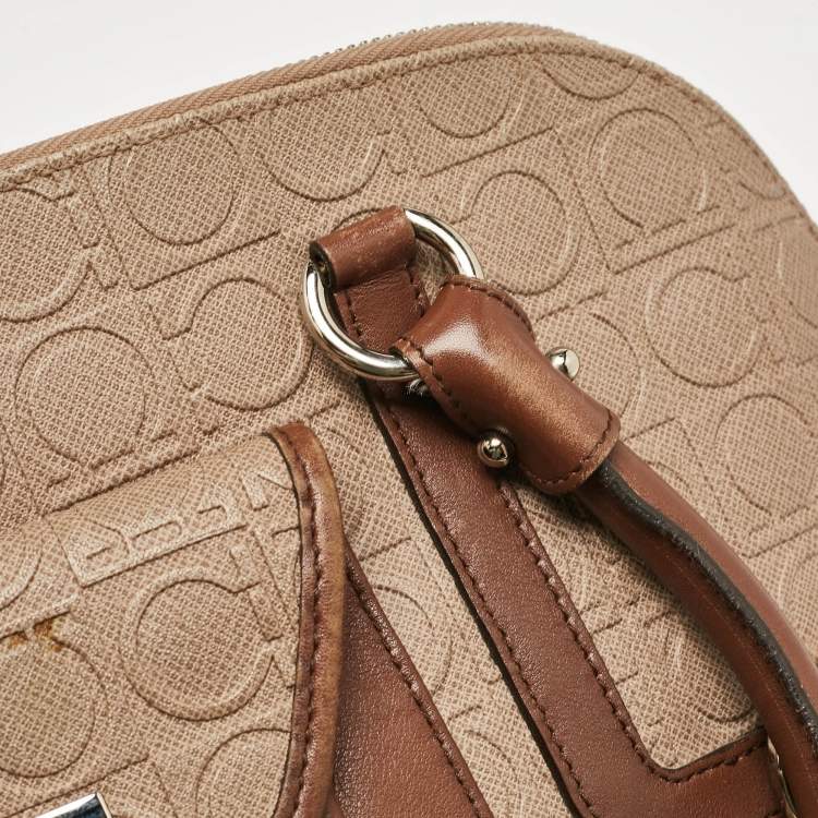 Pre Owned Salvatore Ferragamo Beige/Brown Gancini Embossed Leather Zip Satchel
