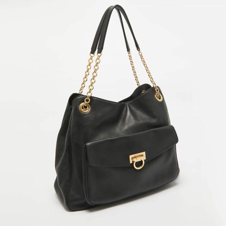 Pre Owned Salvatore Ferragamo Black Leather Sheba Chain Tote