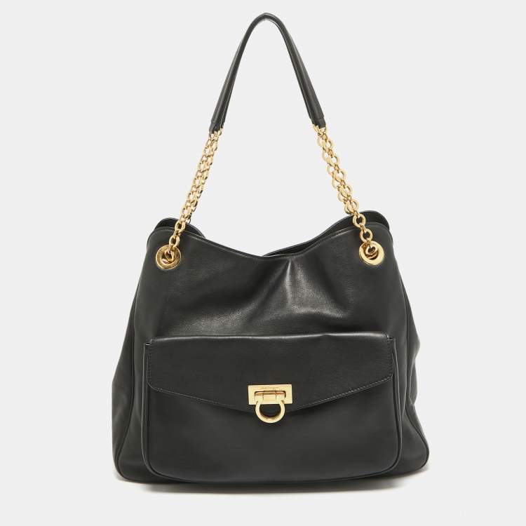 Pre Owned Salvatore Ferragamo Black Leather Sheba Chain Tote