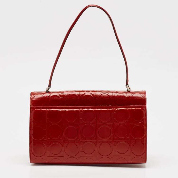 Pre Owned Salvatore Ferragamo Red Gancini Embossed Leather Shoulder Bag
