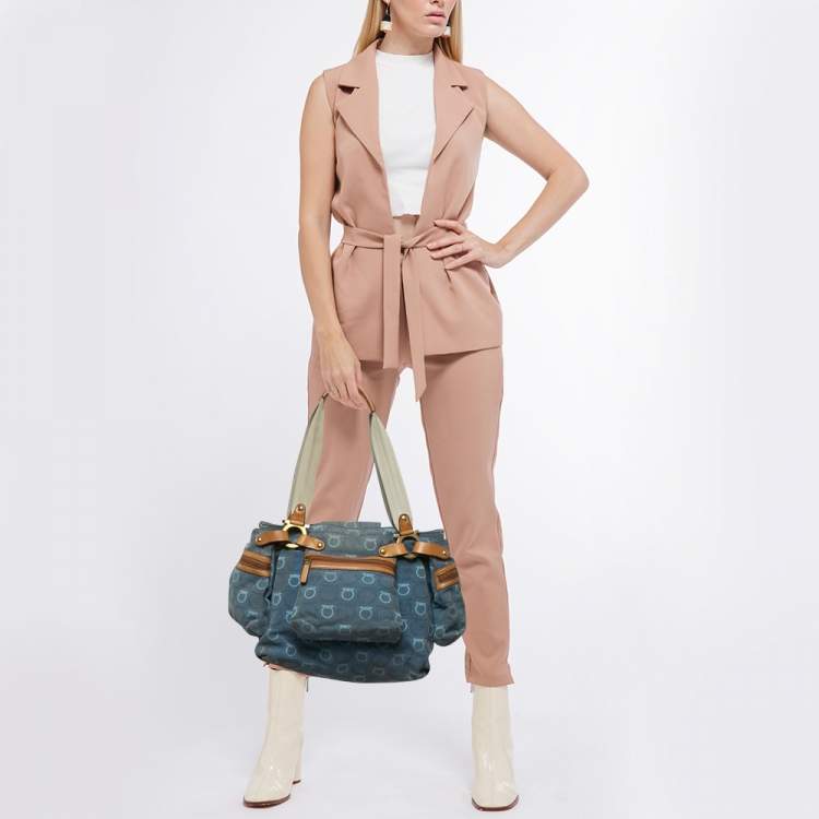 Pre Owned Salvatore Ferragamo Blue Gancini Print Denim and Leather Multiple Pocket Shoulder Bag