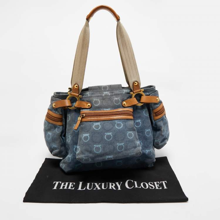 Pre Owned Salvatore Ferragamo Blue Gancini Print Denim and Leather Multiple Pocket Shoulder Bag