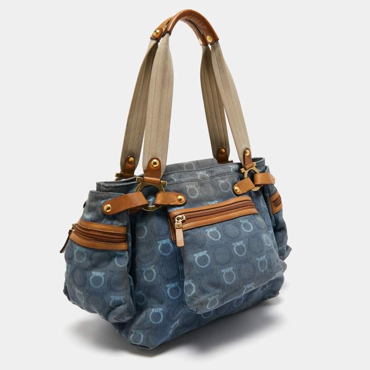 Pre Owned Salvatore Ferragamo Blue Gancini Print Denim and Leather Multiple Pocket Shoulder Bag
