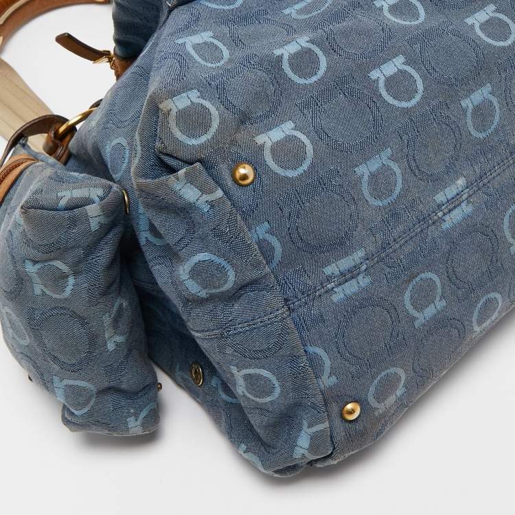 Pre Owned Salvatore Ferragamo Blue Gancini Print Denim and Leather Multiple Pocket Shoulder Bag