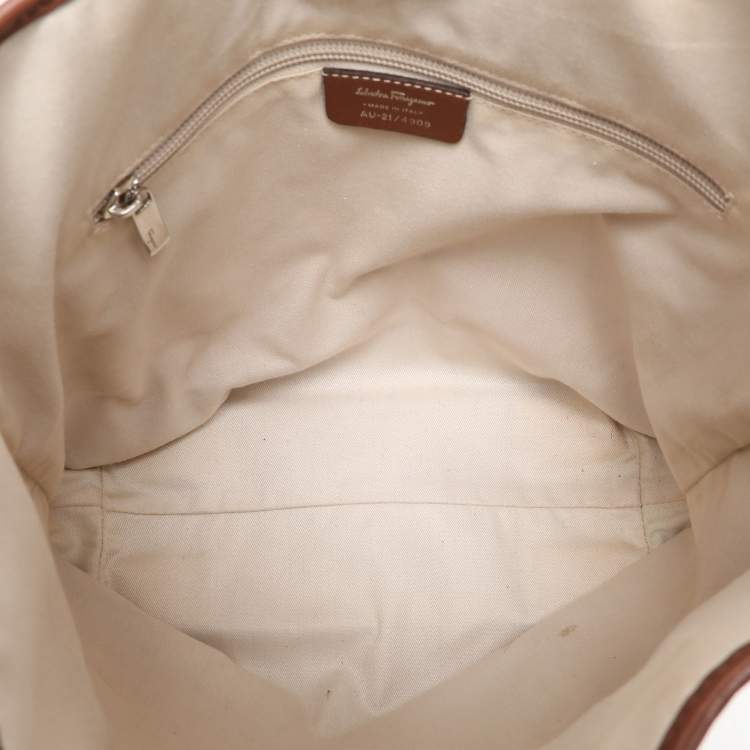 Pre Owned Salvatore Ferragamo Beige Monogram Leather Tote