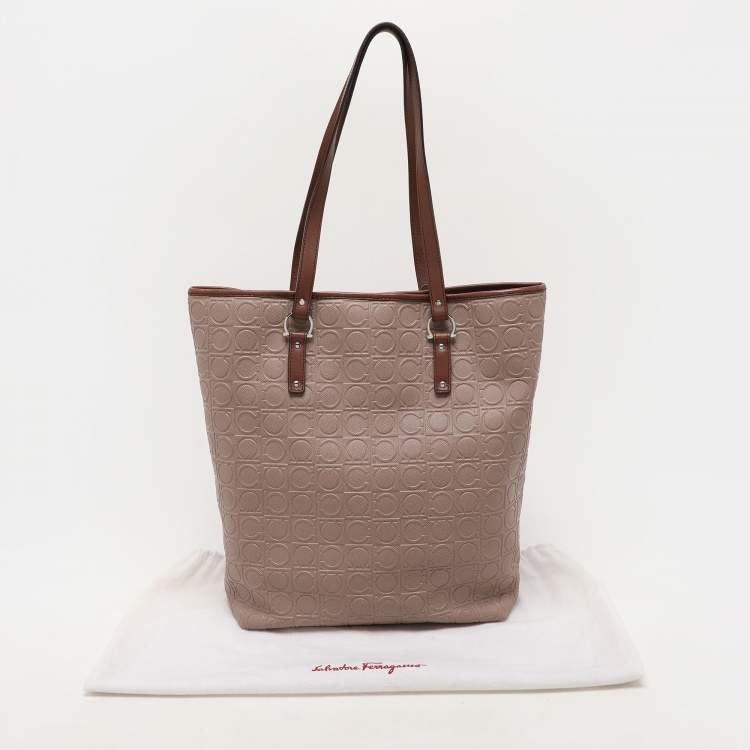 Pre Owned Salvatore Ferragamo Beige Monogram Leather Tote