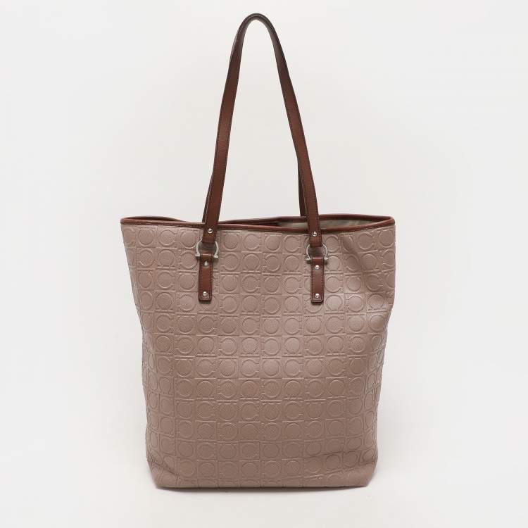 Pre Owned Salvatore Ferragamo Beige Monogram Leather Tote