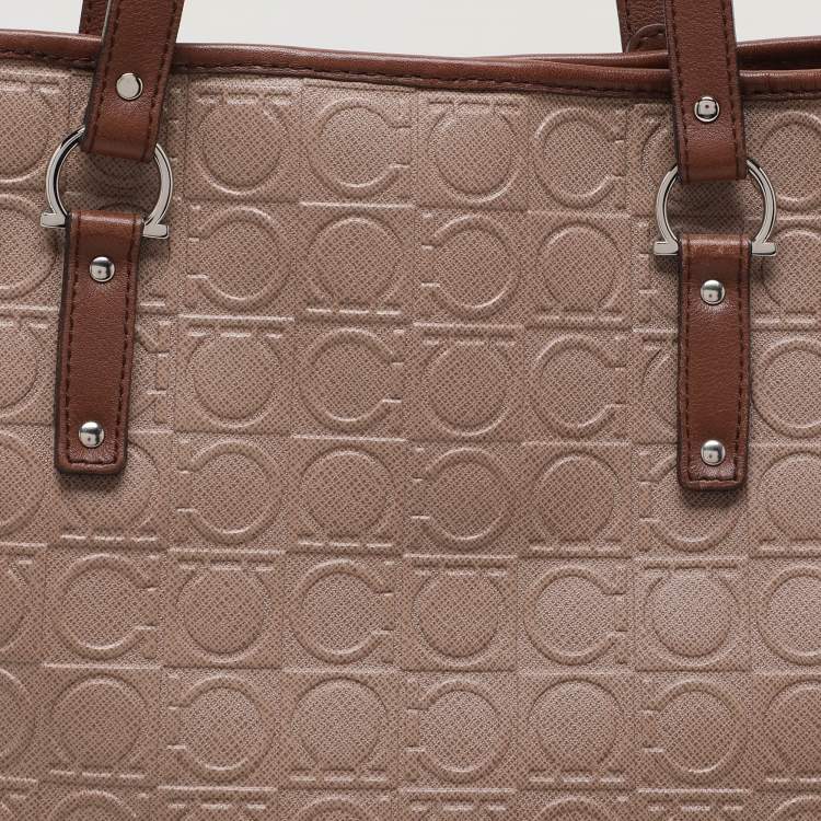 Pre Owned Salvatore Ferragamo Beige Monogram Leather Tote