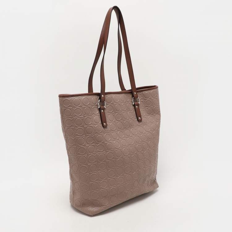 Pre Owned Salvatore Ferragamo Beige Monogram Leather Tote