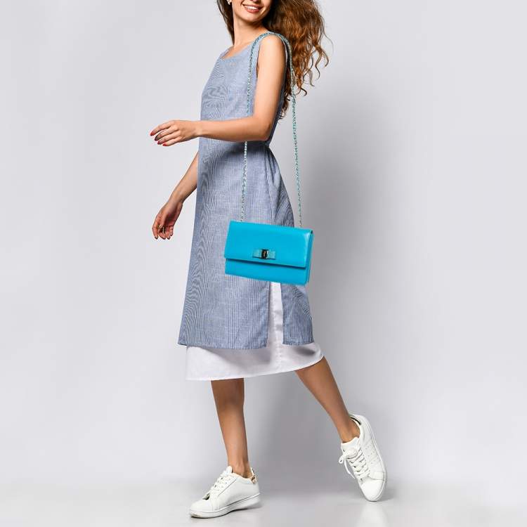 Pre Owned Salvatore Ferragamo Light Blue Leather Ginny Shoulder Bag